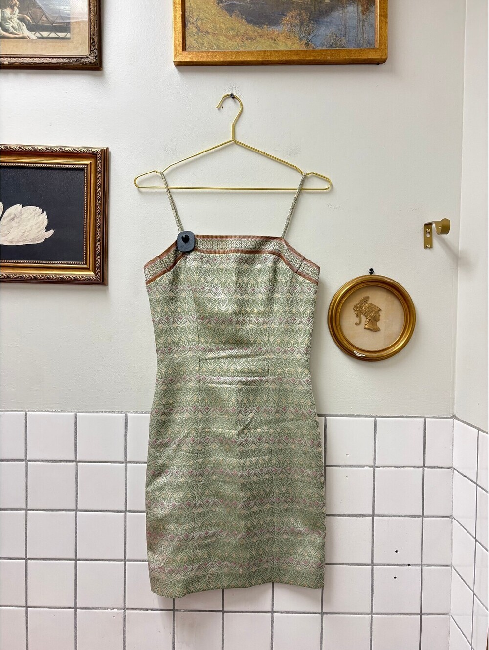 Isabel Ardee Vintage Green Brocade Mini Dress with Spaghetti Straps